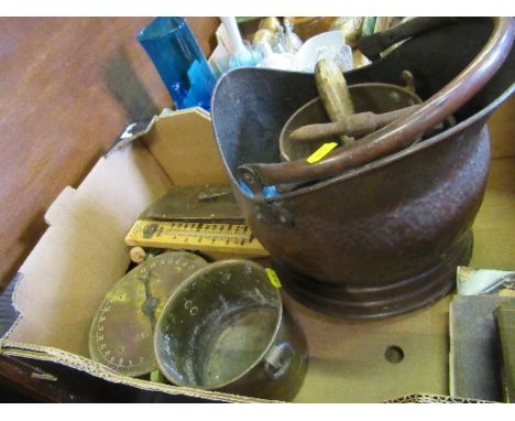 A box to include Salter scales, scuttle, etc.