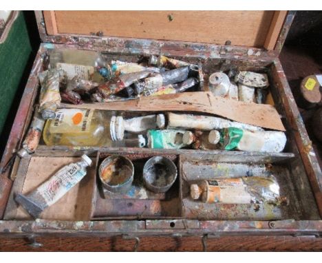 A box of oil paints and accessories, together with a box of tools