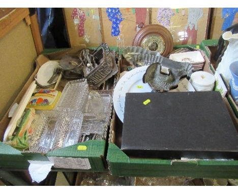 Two boxes of assorted sundries, to include barometer, fish plate, sardine dishes, fish moulds, glass, etc.