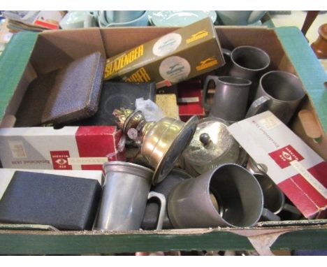 A box of assorted sundries to include metalware, oil lamp base, pewter tankards, boxed and cased flatware, etc.
