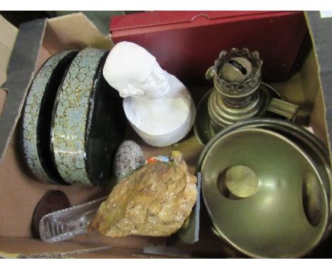 Box to include oil lamp, bust, Welsh gold&nbsp; mine quartz, etc.