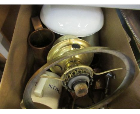 A box of metalware, to include oil lamp, cork screws, tankard