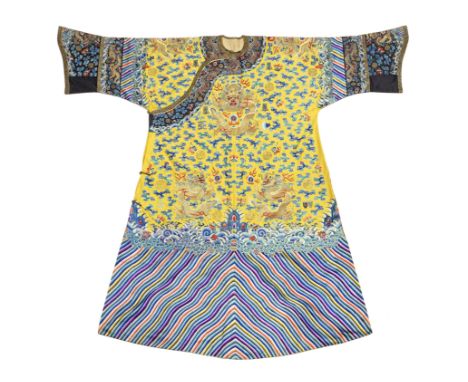 A rare Imperial embroidered yellow-ground Twelve-Symbol dragon robe, jifu19th centuryThe robe worked in satin stitch in shade