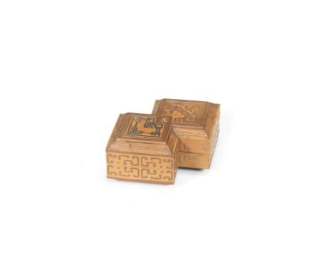 A rare small bamboo-veneered 'double lozenge' box and cover18th centuryExquisitely decorated in tiehuang technique, the top w