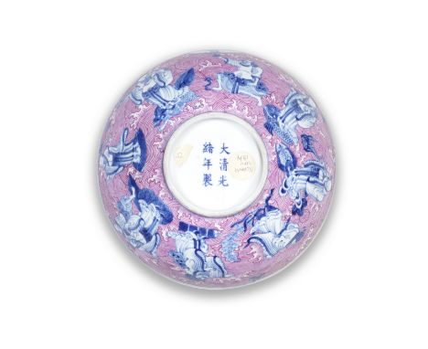 A puce-enamelled blue and white 'Eight Immortals' bowlGuangxu six-character mark and of the periodSturdily potted with the ro