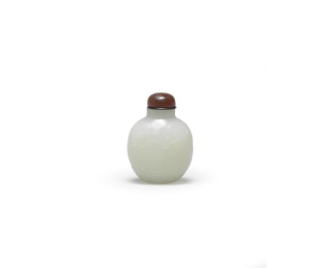 A white jade 'fisherman and pavilion' snuff bottle18th/19th centuryWell hollowed, the ovoid bottle finely carved in low relie