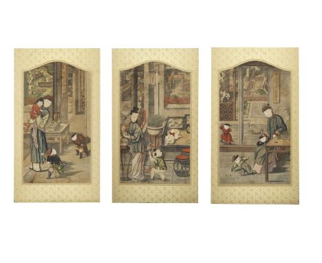 A rare set of three Suzhou printsQianlong, by Guan RuiyuOf arched form, each depicting 'mother and children' domestic scenes,