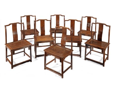 A set of eight huanghuali yokeback chairsLate Qing Dynasty/Republic PeriodEach chair well-proportioned with a wide shaped cre