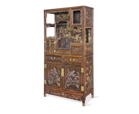 A magnificent gilt-lacquered zitan-veneered display cabinetQing DynastyThe cabinet of elegant proportions with the top sectio