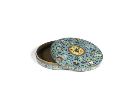 A cloisonné enamel 'bajixiang' box and coverLate Ming DynastyThe slightly domed cover enamelled in the centre with a medallio