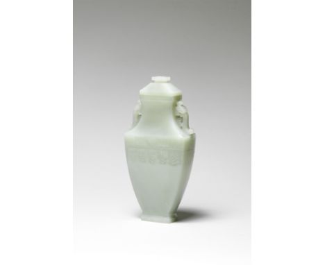 A very fine pale green jade vase and cover18th/19th centuryCrisply carved in baluster form of square section, the body left p