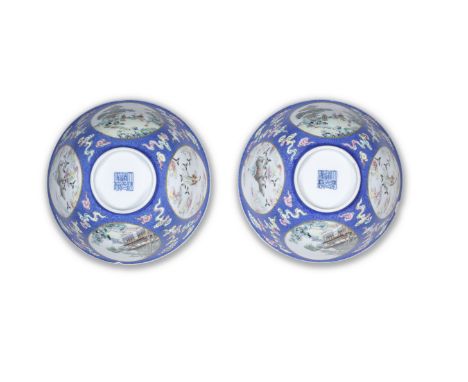 A pair of famille rose blue-sgraffiato-ground 'medallion' bowlsDaoguang seal marks and of the periodEach delicately enamelled