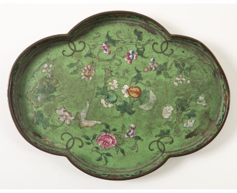 An Imperial-Tribute painted enamel famille rose lime-green ground trayQianlong red-enamelled four-character mark and of the p