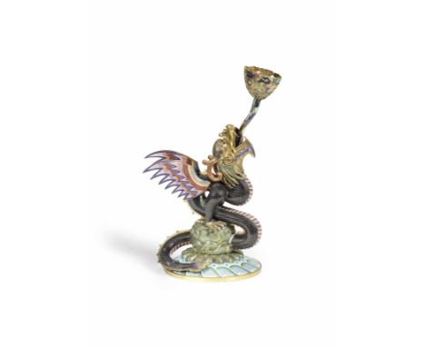 A cloisonné enamel 'dragon' incense stick-holderLate Qing DynastyThe gilt-copper and cloisonné enamel incense burner composed