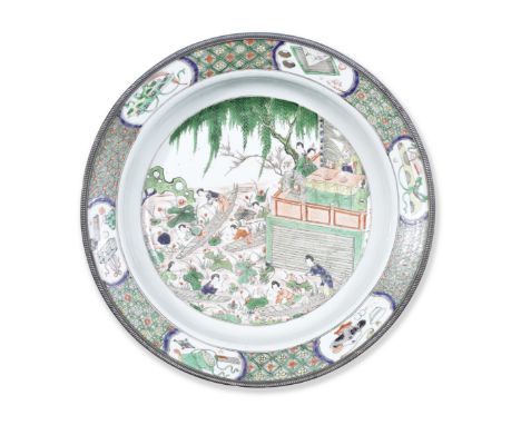 A famille verte 'Lotus Plucking' basinKangxiFinely enamelled with elegant palace ladies in boats plucking lotus flowers from 