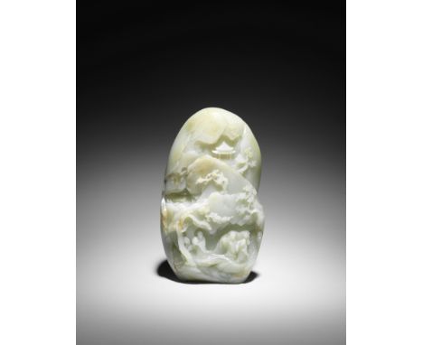 A superb pale green jade 'immortals' boulderQianlongSuperbly carved in high relief on one side with three bearded sages each 