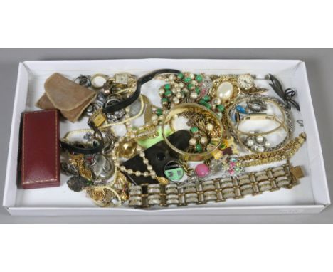 A box of costume jewellery etc including wristwatches, dress rings, Colibri lighter and brooches etc.