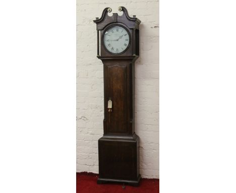 A George II oak thirty hour longcase clock by James Fletcher of Rotherham, with swan neck pediment and circular painted dial 