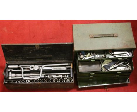 A metal four drawer tool chest and contents of engineers tools along with a Britool socket set.