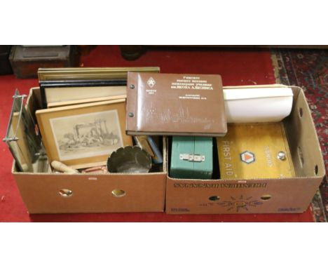 Two boxes of collectables to include framed prints, trench art and First Aid cabinets along with a Russian photograph album a