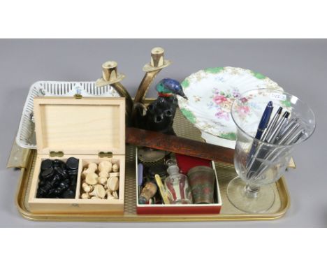 A tray lot of collectables to include etched glass celery vase, boxed chess set, twin branch candlestick, oriental page turne