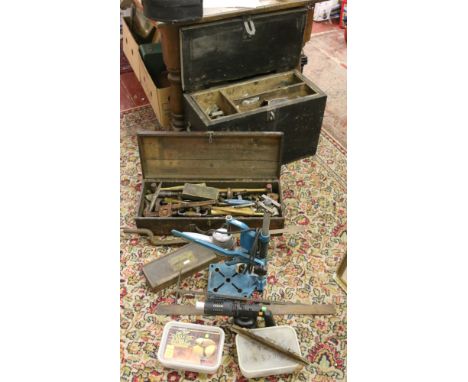A tool chest and contents of tools along with a box of tools, drill and blow lamp.