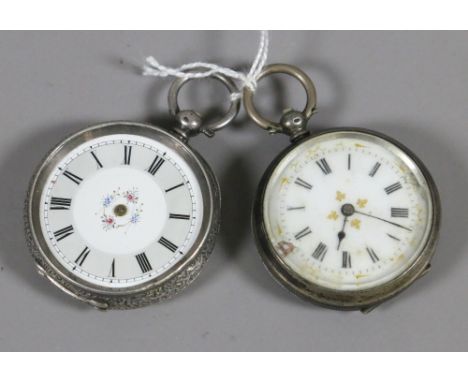 Two antique continental silver cased fob watches with enamel dials (AF).