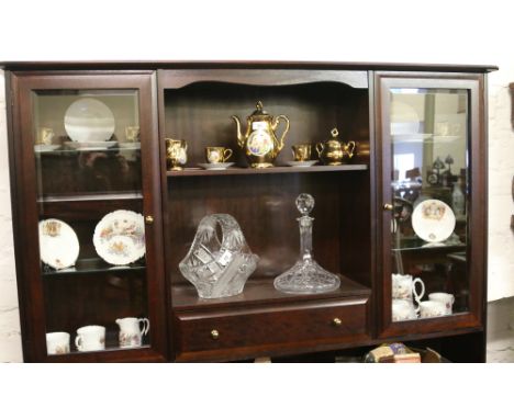 Two part tea and coffee services along with a cut glass fruit basket and ships decanter.