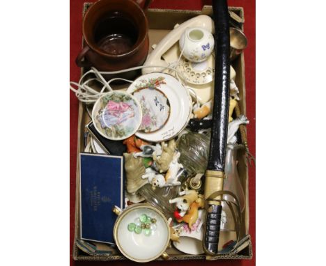 A box of miscellaneous ceramics and glass to include Royal Worcester, Indian sheathed sword, oil lamp, etc.
