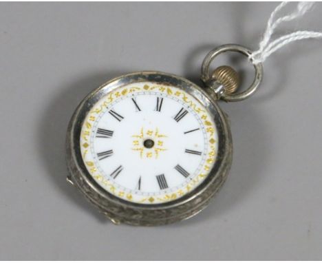 A continental silver cased fob watch with enamel dial (AF).
