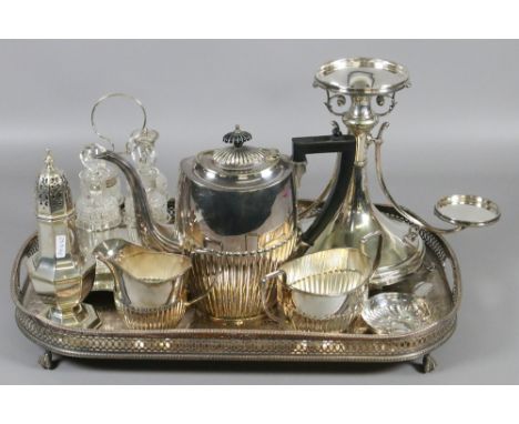 A silver plated gallery tray and collection of silver plate to include tea service, sugar shaker and four bottle cruet set.