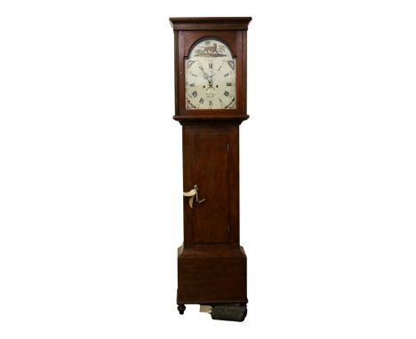 A C19th scumble glazed pine eight day longcase clock by Thomas Logan Maybole, with caddy top and reeded supports, having arch