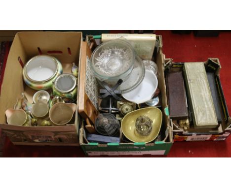 Three boxes of miscellaneous including cased and loose flatwares, cast kitchen scales, Bohemian ceramics and glassware etc.