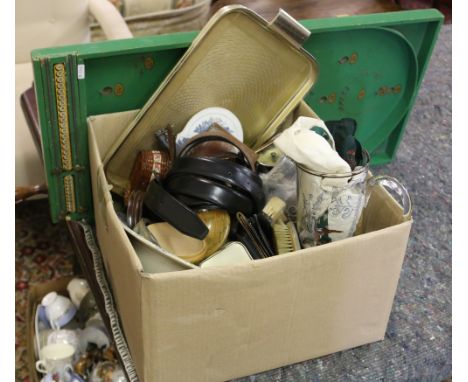 A box of miscellaneous leather belts, wallets, brush sets, silk scarfs, metal and glass, camera, blue and white dish and Baga