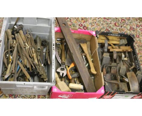 Three good boxes of woodworking tools including moulding planes and block planes.