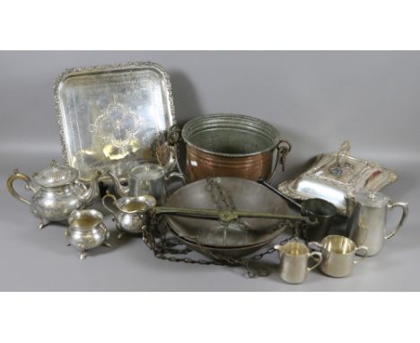 A collection of metalwares to include silver plated tray, vegetable tureen, copper scales, etc.
