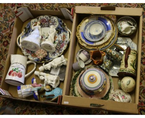 A box of ceramic figures including faience salt seller, Coalport figure and Derby examples and a box of European ceramics inc