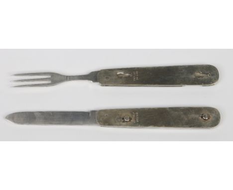 A late Victorian campaign interlocking folding silver knife and fork eating set with mother of pearl scales. Assayed Sheffiel