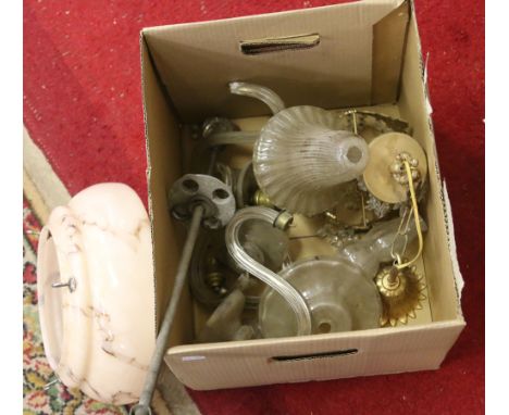 A box of old light fittings including Art Deco cloud glass shade and a gilt metal light with glass droplets.