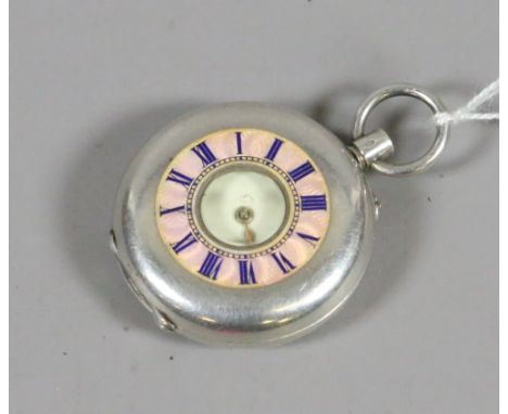 A continental silver cased half hunter fob watch with pink gillouche enamel chapter ring having Roman numeral markers.