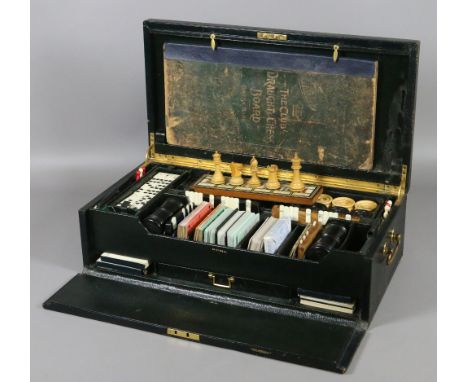 A very good quality circa 1880 games compendium set, with Jaques of London Staunton chess set, bone and ebony dominoes, Tunbr