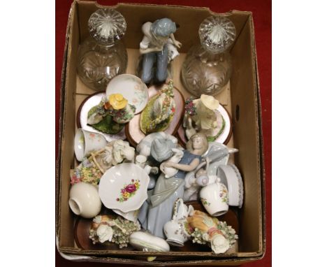 A box of miscellaneous ceramics and glass to include cut glass decanters, composite figures, Nao figure, etc.