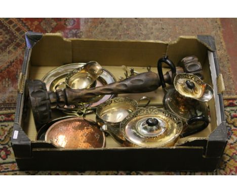 A box of metalware to include a silver plated tea service and a chestnut roaster.