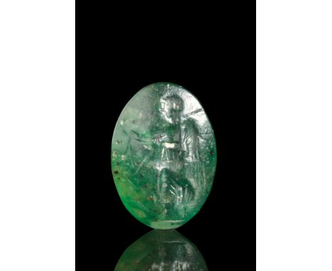 Ca. 100-300 AD.A bloodstone intaglio graced with a depiction of goddess Victory. The form, an elegant oval-shaped gem, comman