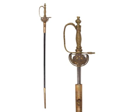 Ca. 1855 AD.Russian M1855 court sword. Gilt-brass hilt and mounts, clam-shell features the Imperial Russian eagle. Flattened 
