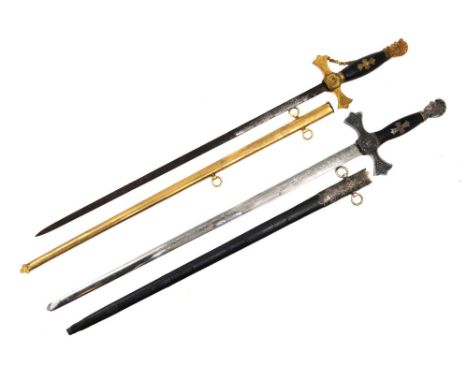 Ca. the mid-late 19th century AD.A pair of antique American Masonic Knights Templar ceremonial swords with etched decorated b
