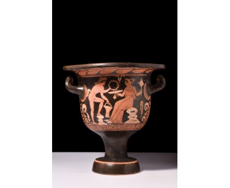 Ca. 400-300 BC.A beautiful red-figure terracotta krater with a broad rim, bell-shaped body flanked by two lug handles, and a 