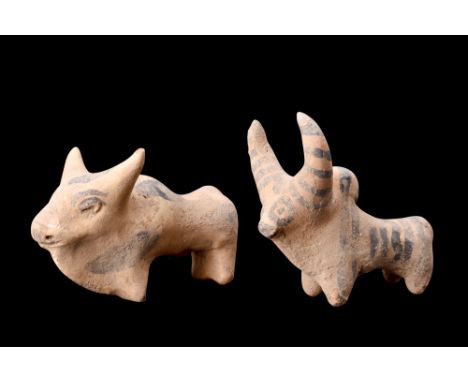 Ca. 3rd Millennium BC.A pair of cream-coloured ceramic figurines of zebu bulls captures attention with their striking feature