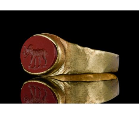 Ca. 100 BC - 100 AD.The overall ring stone engraved with a landscape profile figure of an elephant. The elephant is beautiful