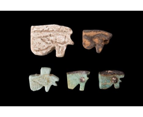 Ca. 664-30 BC.A collective group of five eye of Horus amulets, also called wedjat eyes, with fine details, notched eyebrows. 